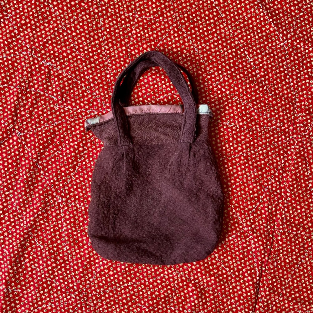 Antique 1930s 1940s Brown Textured Mini Bag Floral Lining